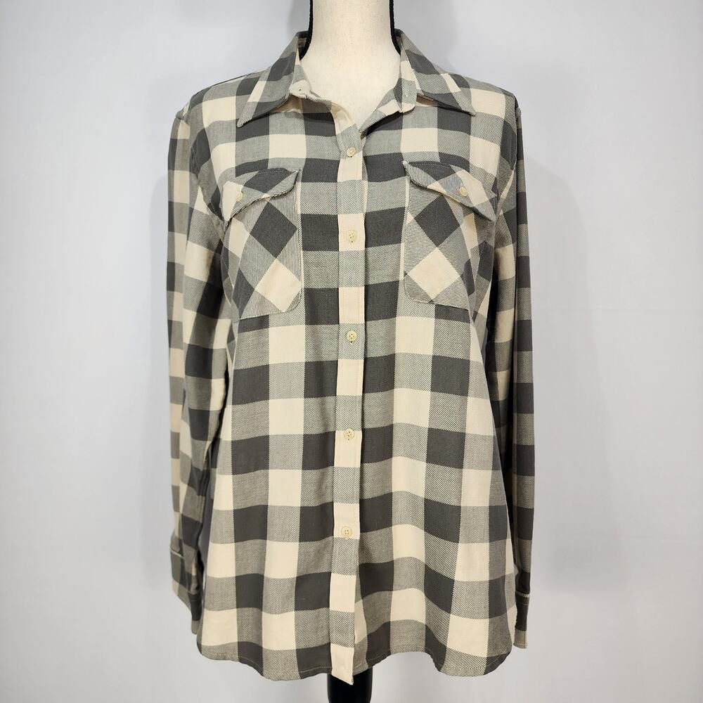 Chaps Women's Cream and Grey Plaid Long Sleeve Button Up Shirt XL